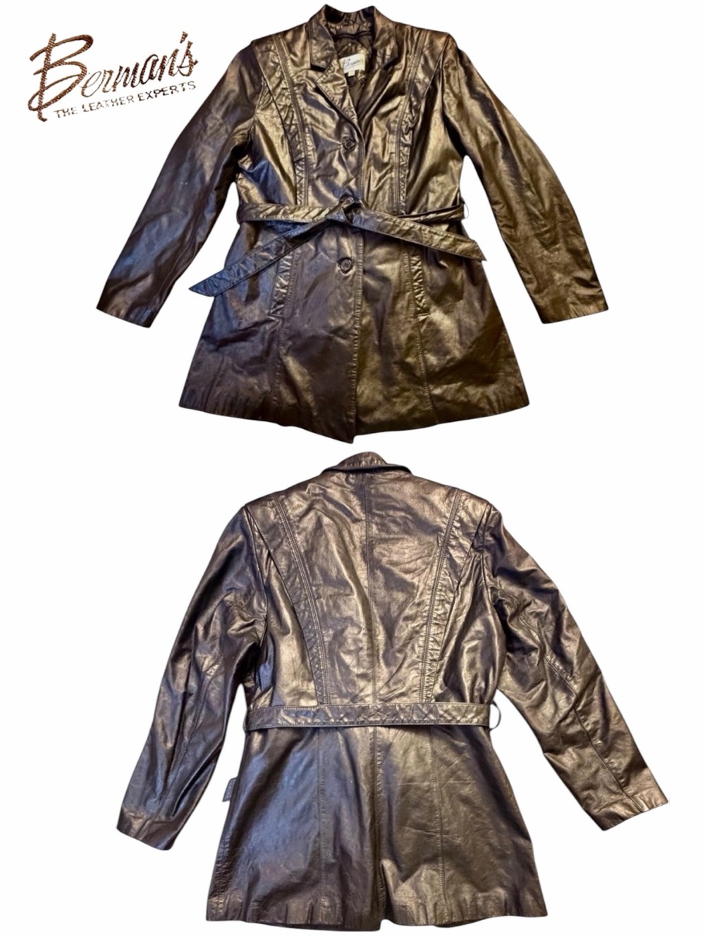 Vintage Berman’s Genuine Leather Belted Trench Coat Black Womens 14